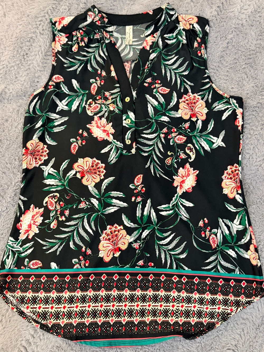 Sleeveless Black Floral V-Neck Women's Top Size L